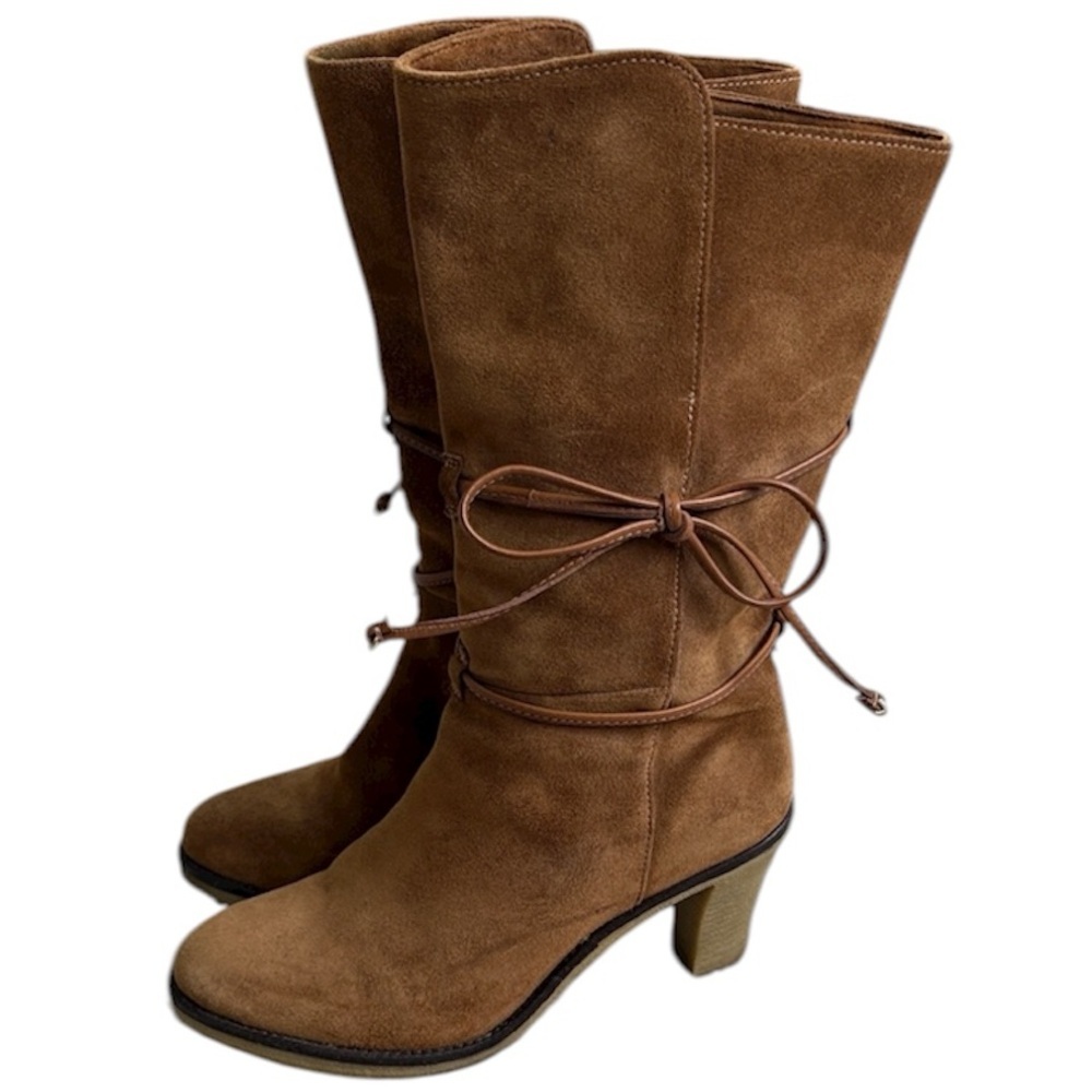Johnston & Murphy Jeanie Wrap Brown Suede Knee-High Heeled Boots Boho Women 7.5